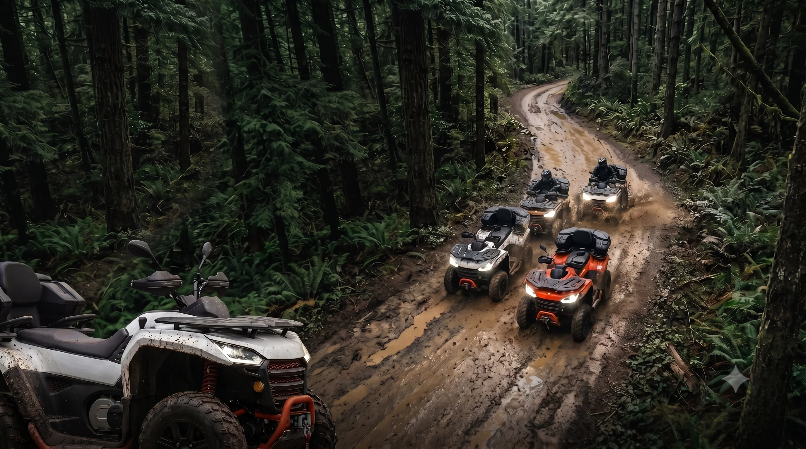 Quad riders on a muddy forest trail